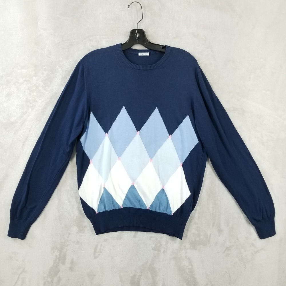 Gran Sasso Sweater Men XL Blue Argyle 100% Cotton‎ Italy Long Sleeve Crewneck